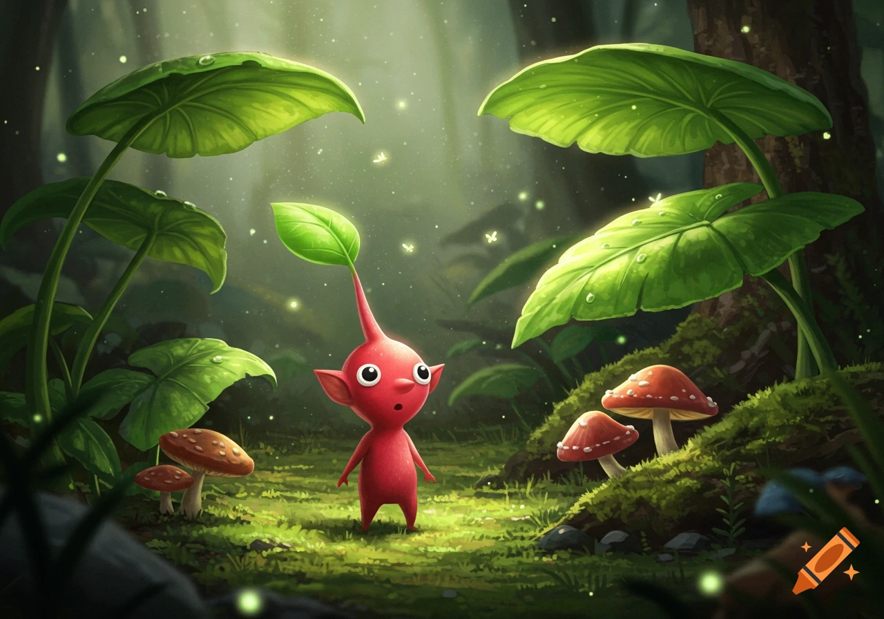 A red Pikmin character with a leaf on its head stands in a magical, lush green forest with large leaves, mushrooms, and glowing lights.