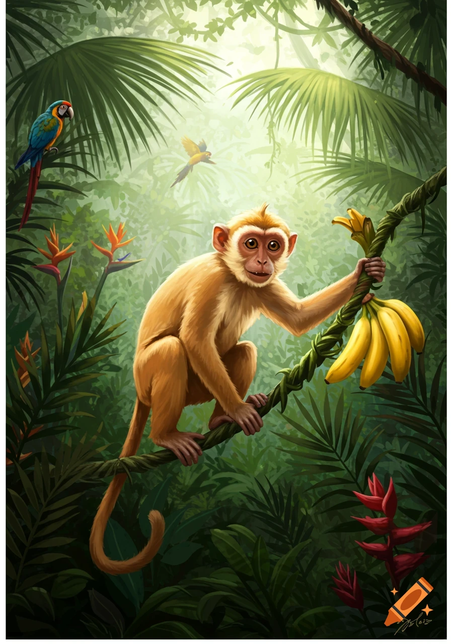 A cartoon monkey holds bananas on a vine in a lush jungle with tropical birds and bright foliage.