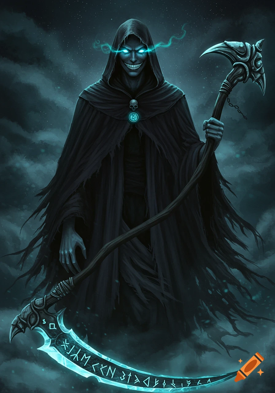 A dark fantasy illustration of a tall grim reaper figure in a hooded cloak with glowing blue eyes and a grin, holding a glowing scythe with runes.