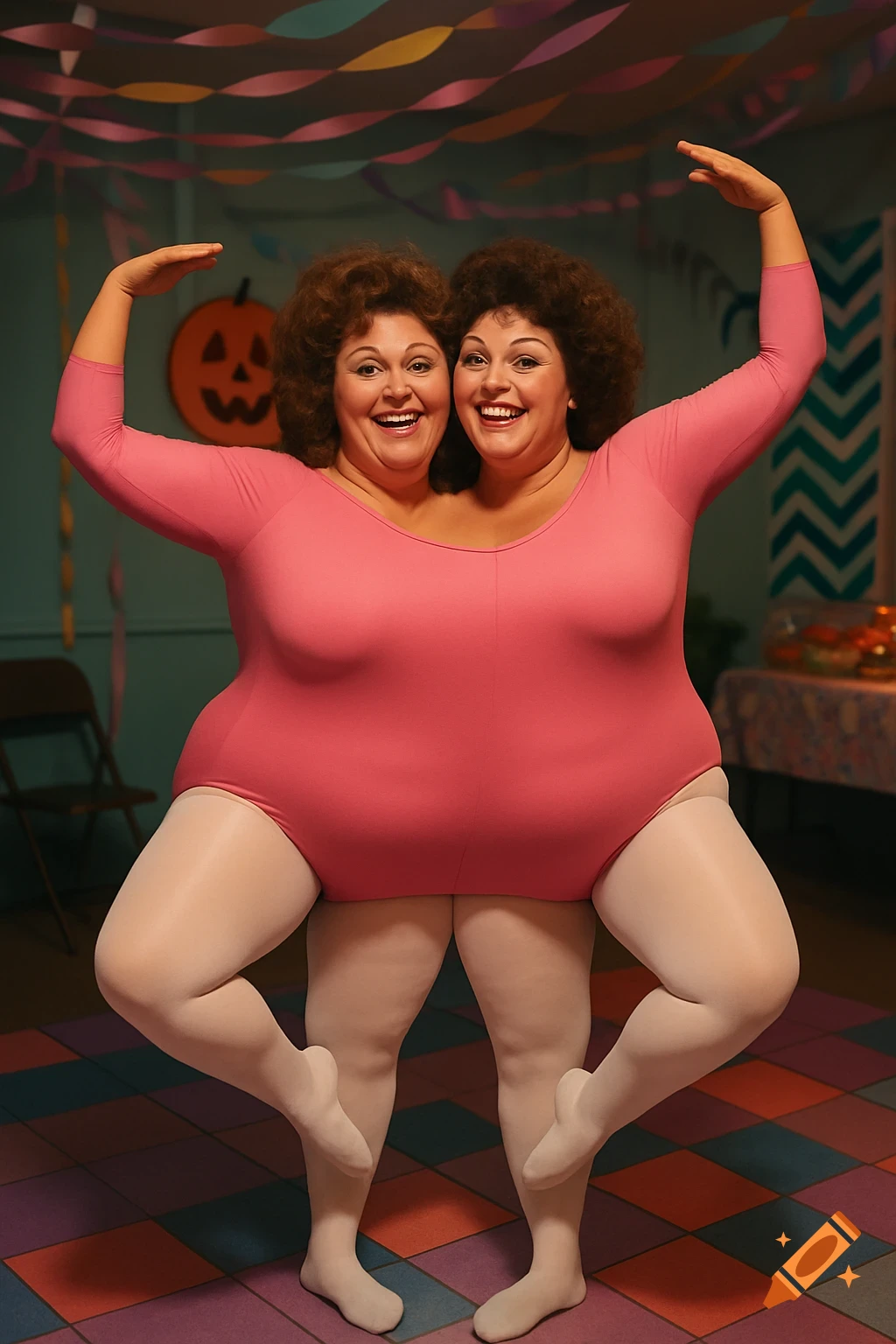 Two smiling women conjoined into one body, wearing a pink leotard and white tights, performing a ballet pose at a 1980s Halloween party.