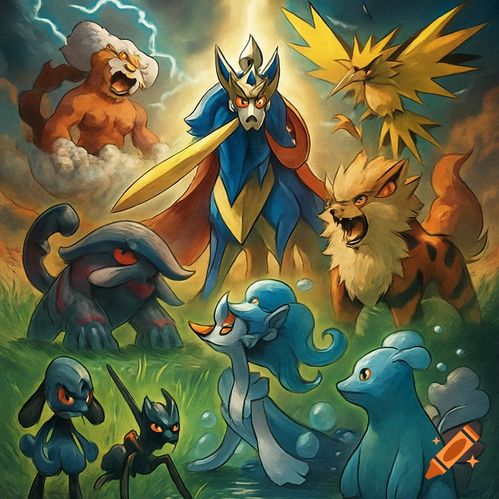 A dynamic, painted scene featuring several stylized Pokemon creatures including Zacian-Crowned, Zapdos, Landorus-Incarnate, and Hisuian Arcanine, against a stormy sky.