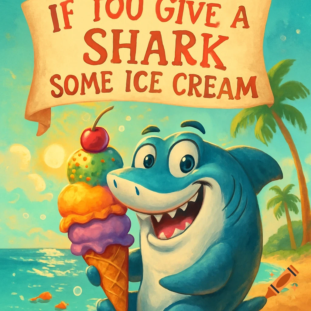 A cheerful cartoon shark holds a multi-scoop ice cream cone on a sunny beach, with a banner above reading "IF YOU GIVE A SHARK SOME ICE CREAM" in a book cover illustration style.