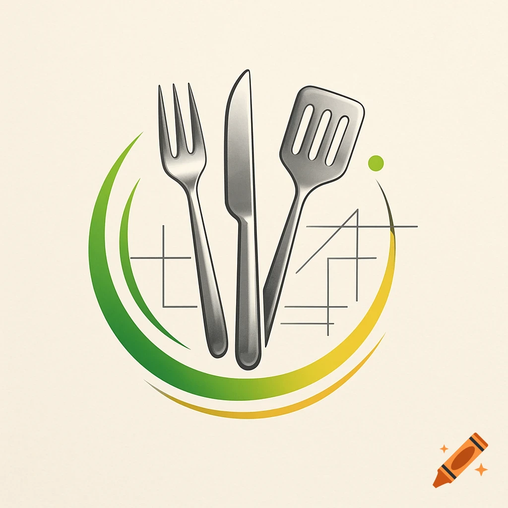 A logo featuring a fork, knife, and spatula centered within green and yellow curved arcs and abstract geometric lines on a light background.