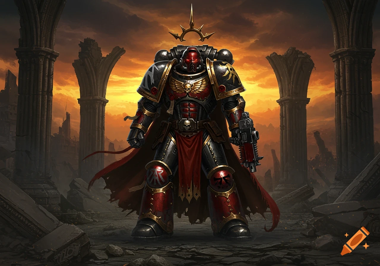 A heavily armored space marine with a bolter and power fist stands in gothic ruins at sunset.