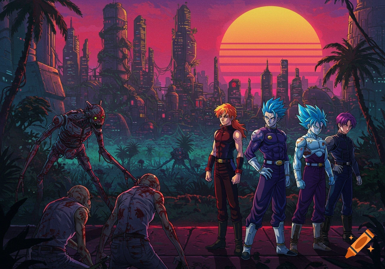 Vibrant retro anime style image of characters resembling Dragon Ball Z and Junji Ito characters facing monsters in a neon-lit cyberpunk city at sunset.