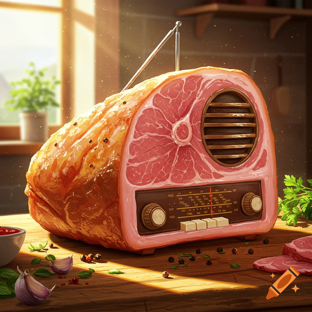 A photorealistic image of a vintage-style radio sculpted from a large cut of ham, on a wooden kitchen counter.