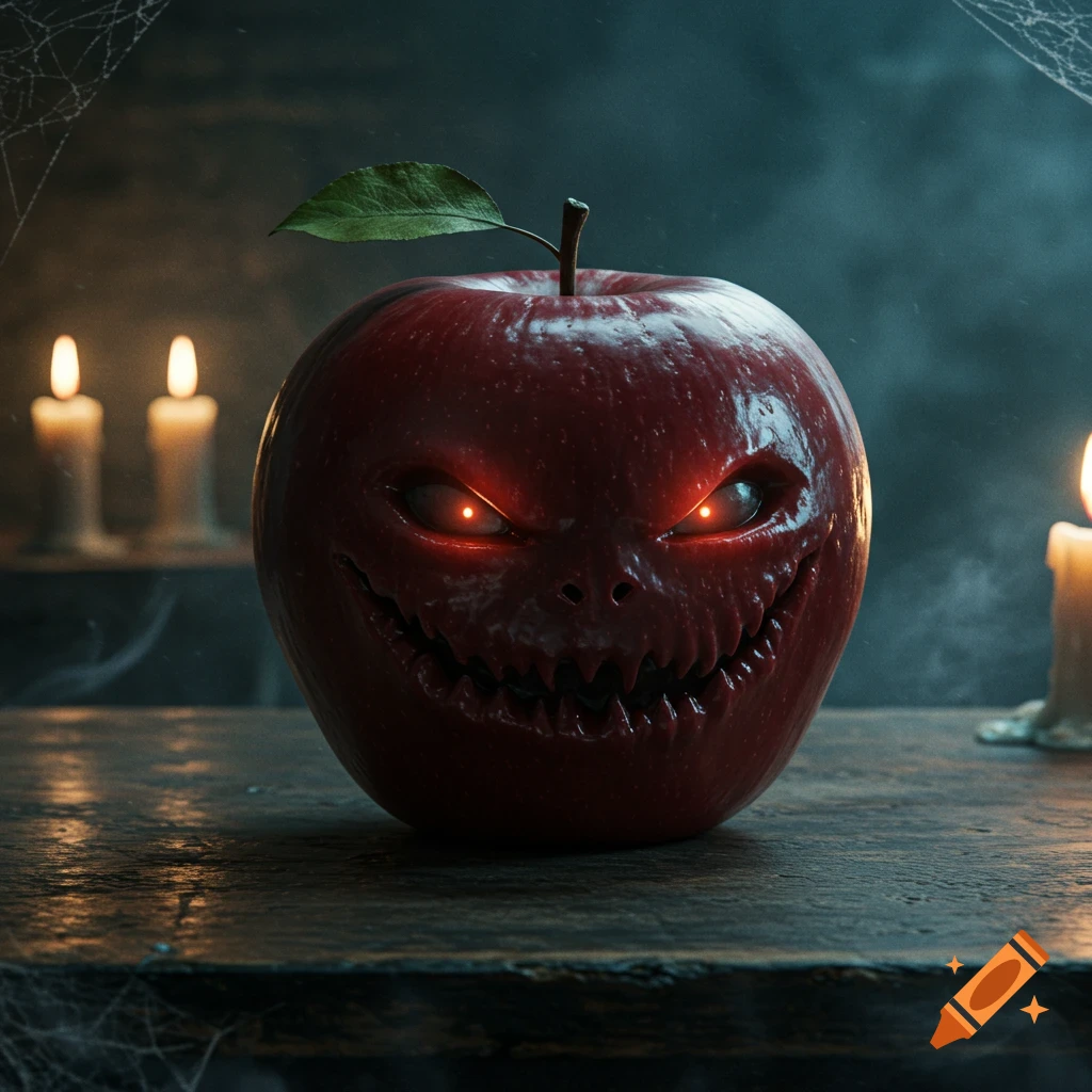 A photorealistic image of a spooky red apple carved with a jack-o'-lantern face and glowing red eyes, on a dark wooden table with lit candles and spiderwebs.