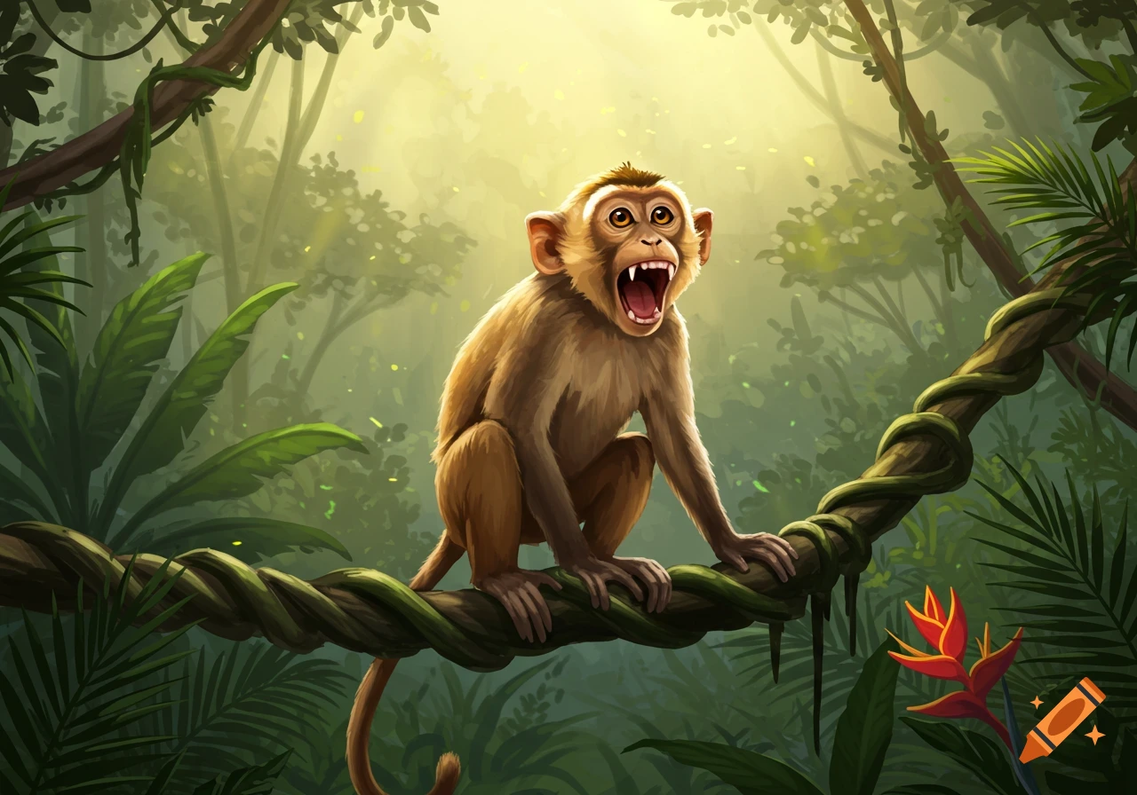 A brown monkey with its mouth open, appearing to yell or roar, sitting on a vine-covered branch in a lush, sunlit jungle.