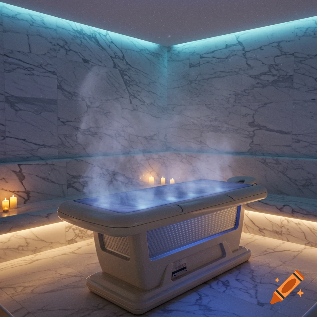 A futuristic marble steam room with a glowing, blue-lit heated massage table and ambient lighting.