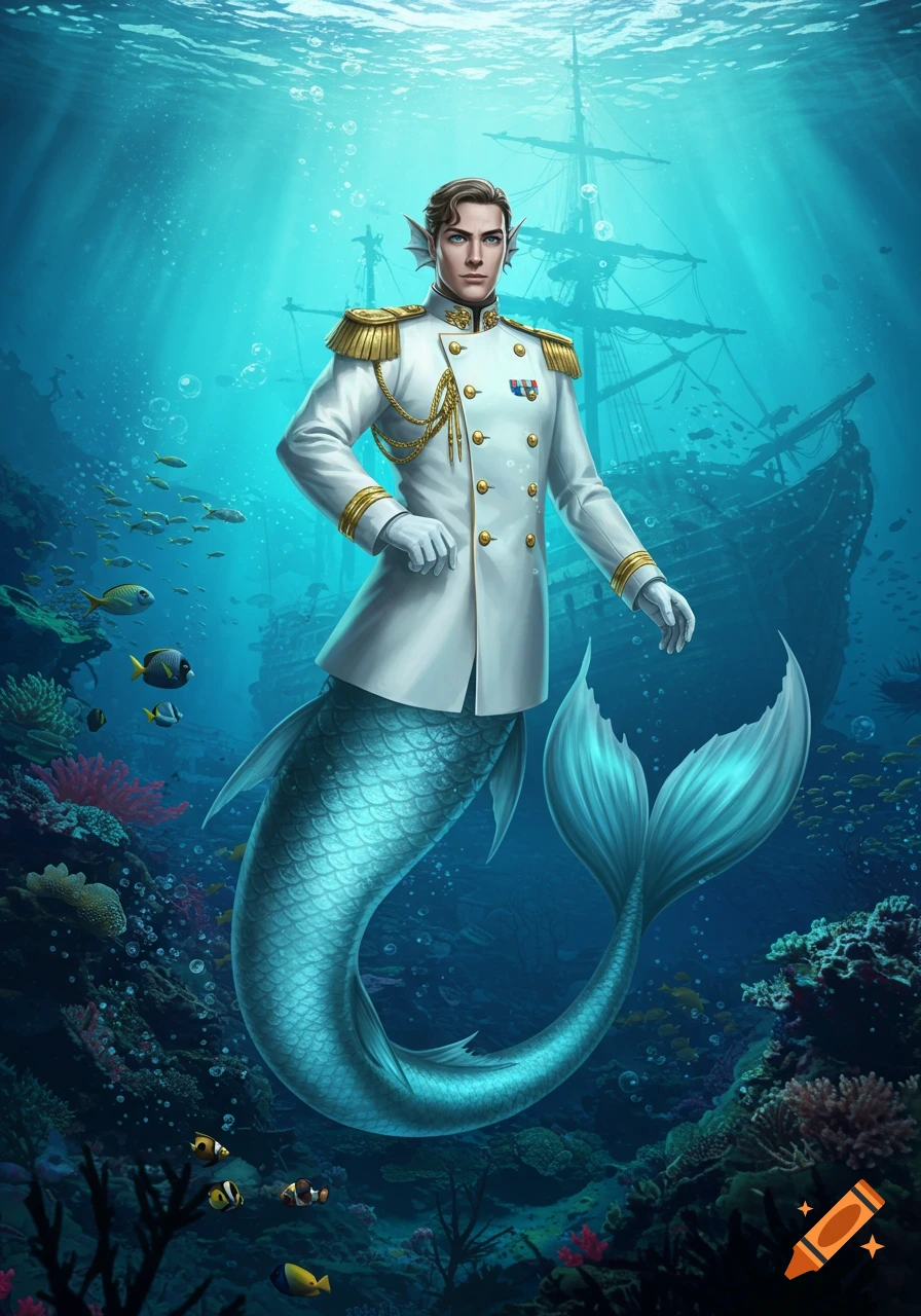 A merman in a white navy uniform stands underwater with a sunken ship and coral reef in the background.