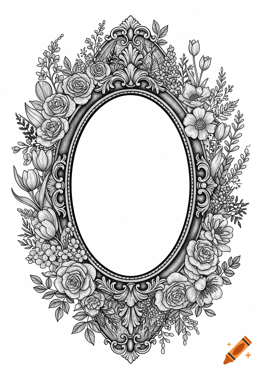 An ornate oval frame surrounded by intricate black and white floral illustrations including roses, tulips, and leaves, in a tattoo design style.