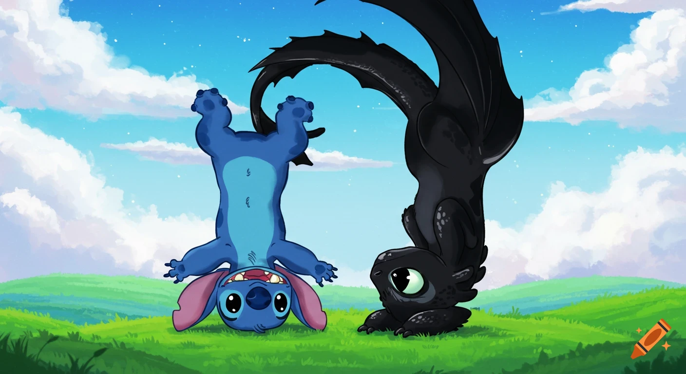 Stitch and Toothless doing headstands in a green field under a blue and white sky.