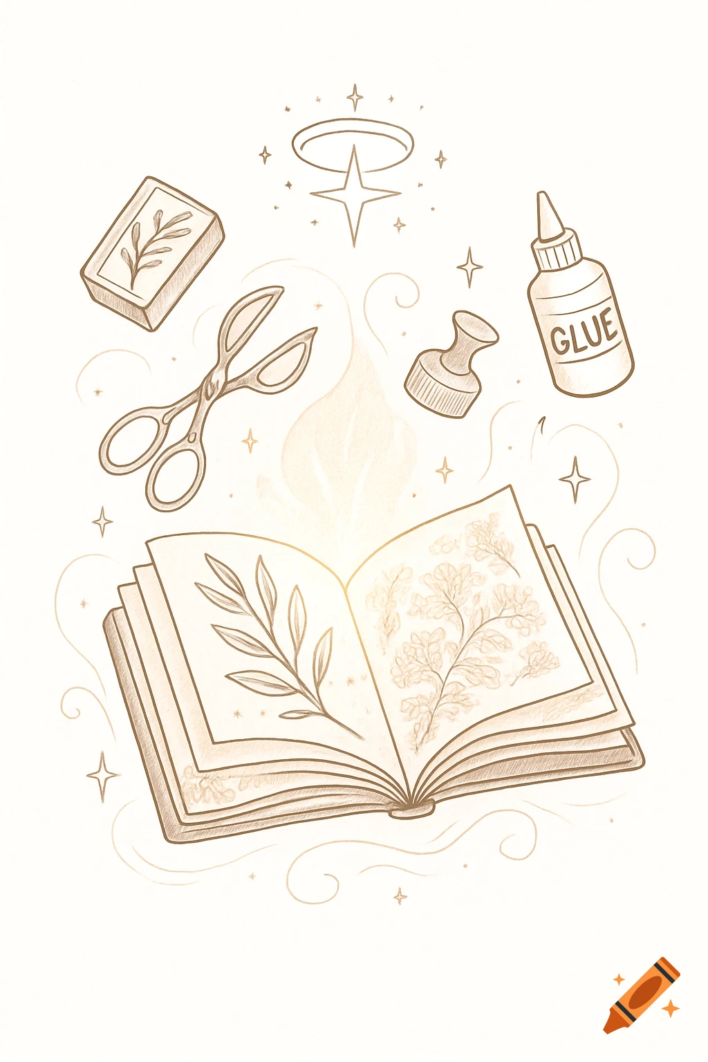 A sepia-toned line art illustration of an open junk journal with glowing pages, surrounded by floating scissors, a glue bottle, a stamp, and a block. Stars and ethereal swirls decorate the background.