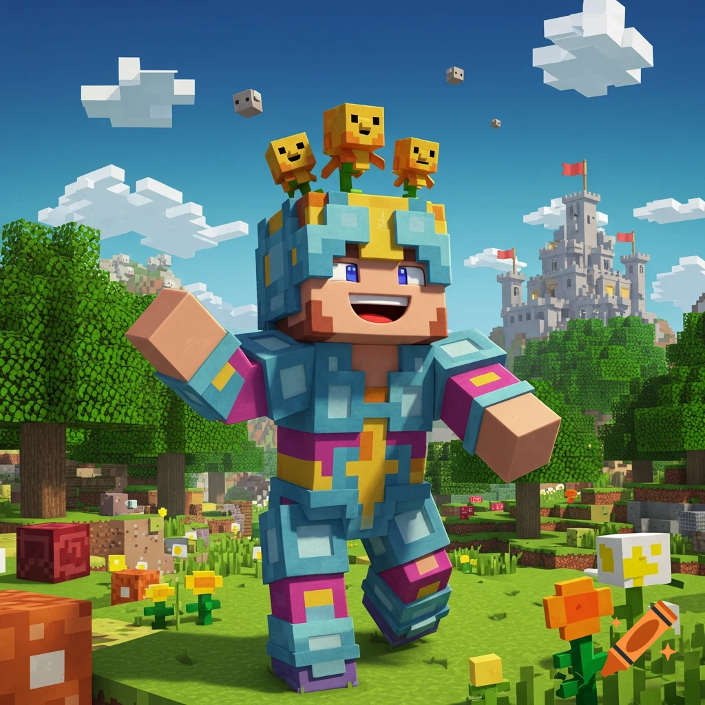 A vibrant, blocky Minecraft character wearing light blue and pink armor with a yellow cross, walking in a grassy field with a castle. Three small yellow creatures are on its head.