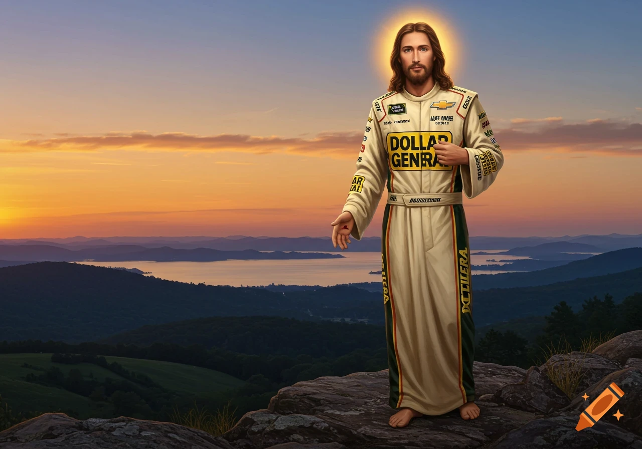 Jesus Christ stands on a rocky mountain peak at sunset, wearing a Dollar General NASCAR racing jumpsuit and a golden halo. A scenic lake and mountains are in the background.