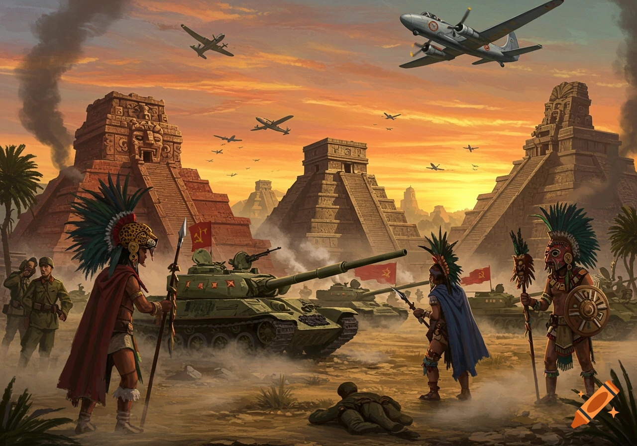 A vibrant digital painting depicts an alternate history battle with Soviet tanks and planes invading an Aztec empire, featuring pyramids, warriors, and soldiers.