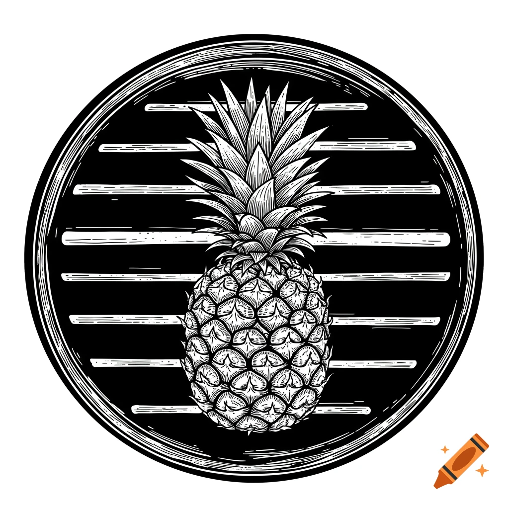 Black and white line art illustration of a pineapple within a circular, slatted frame.