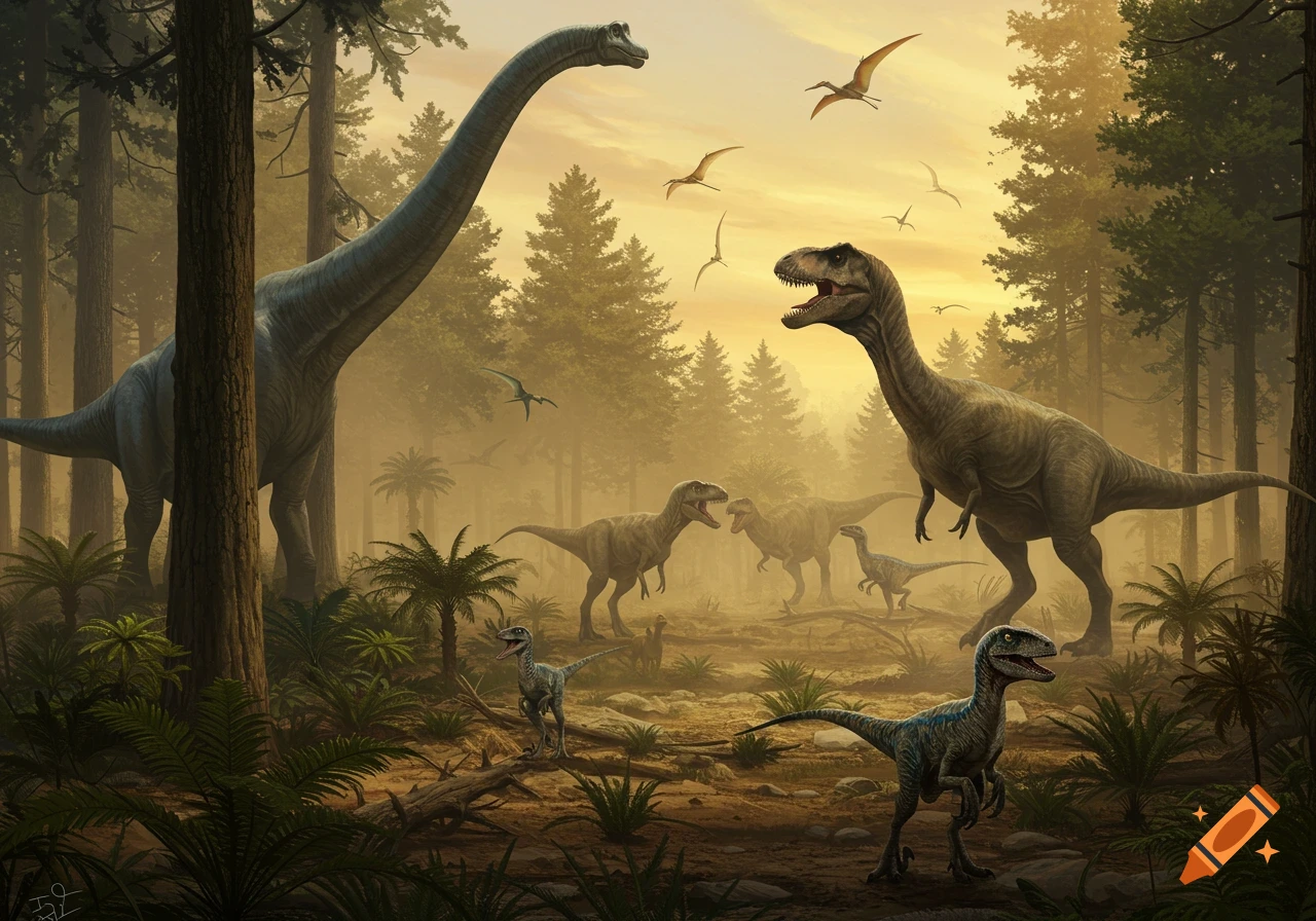 A prehistoric forest scene with various dinosaurs including a large long-necked sauropod, a roaring theropod, and raptors.