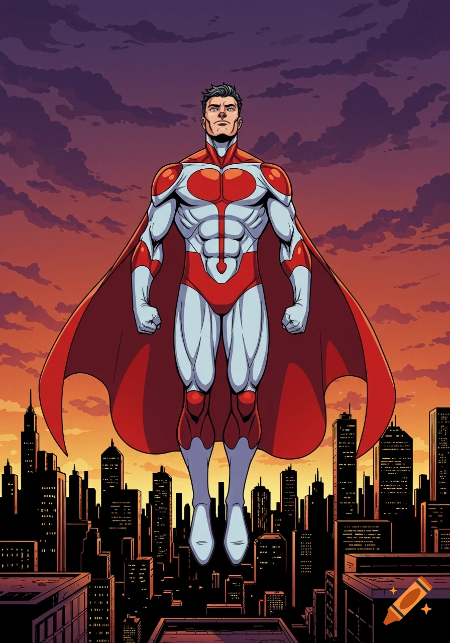 A superhero in a red and white suit and red cape hovers above a city skyline at sunset in comic book style.