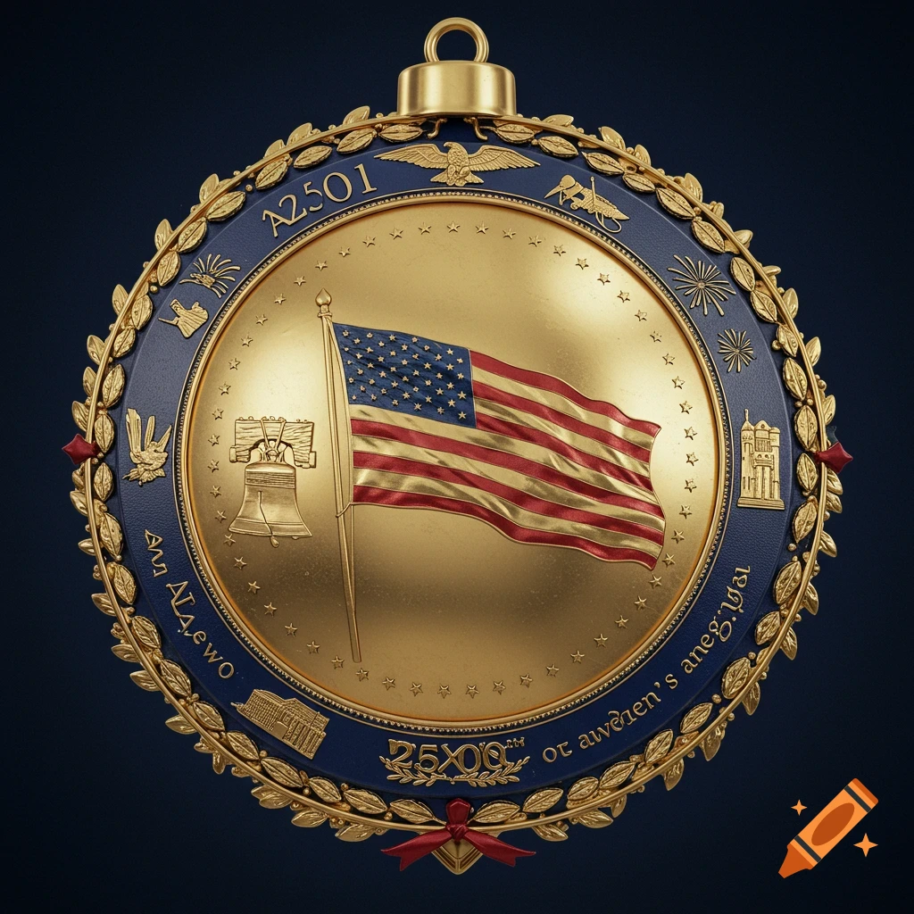 A gold and blue circular ornament featuring an American flag, the Liberty Bell, and various US symbols.