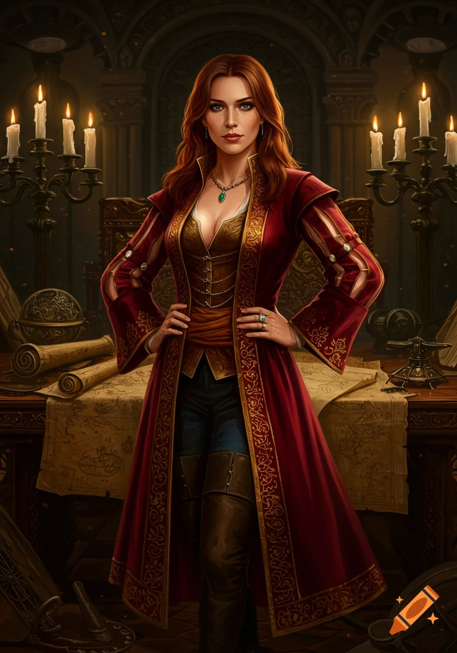 Full-body portrait of a red-haired woman in a red and gold coat, standing in a candlelit room with maps, in an oil painting style.