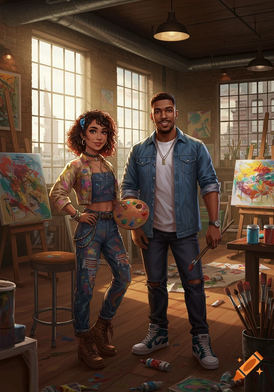 Two artists, a man and a woman, pose in a brightly lit art studio with easels and colorful abstract paintings.