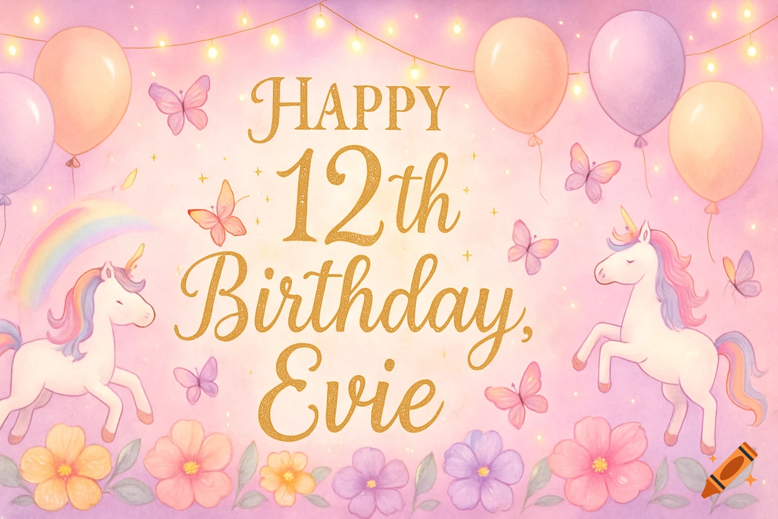 A watercolor birthday banner with unicorns, balloons, butterflies, flowers, and gold glitter text 'HAPPY 12th Birthday, Evie'.