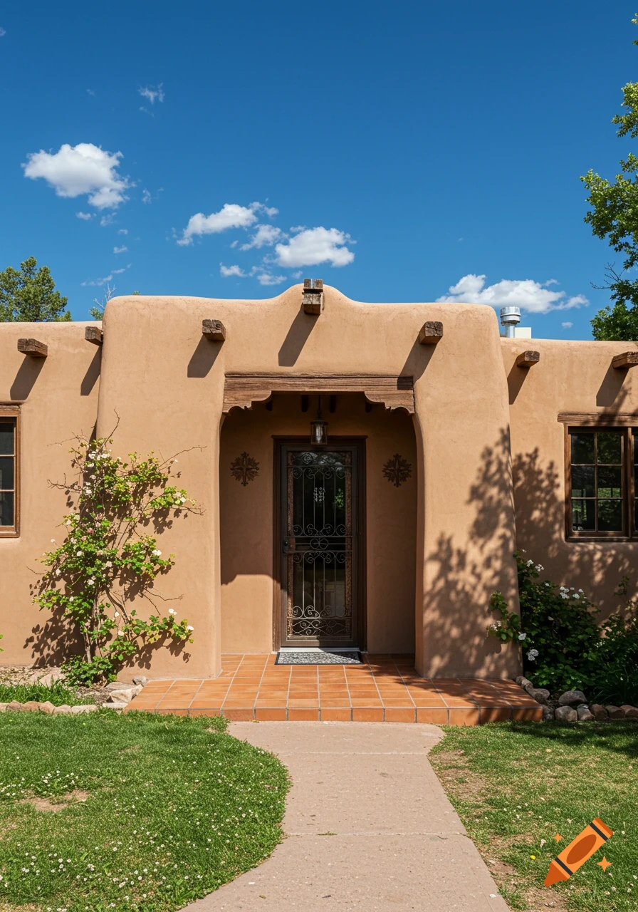Front view of a pueblo revival style house with a terracotta facade, ornate door, and small garden path under a blue sky.