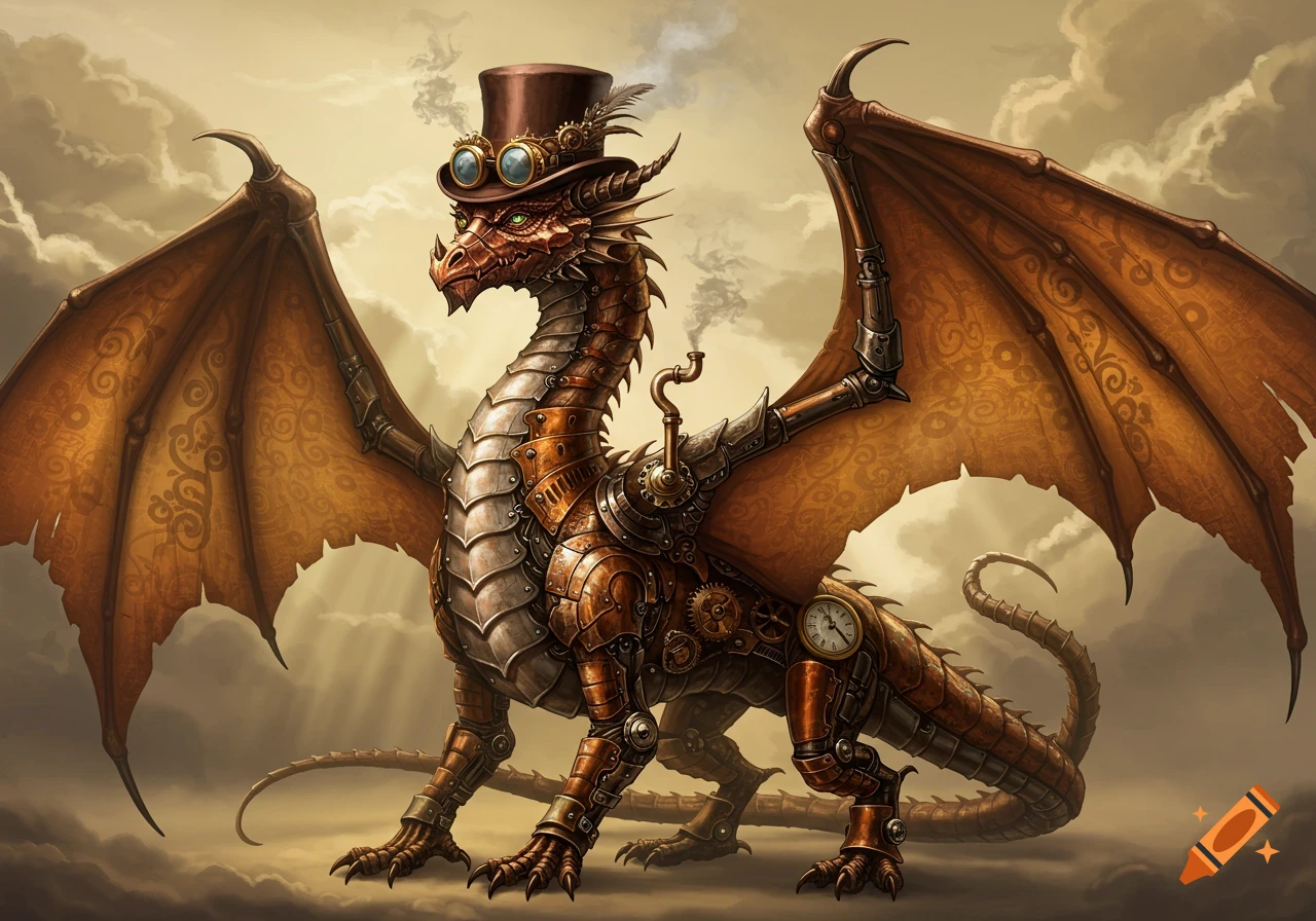 A majestic steampunk dragon wearing a top hat with goggles, featuring intricate metal scales, gears, and clockwork elements. It stands against a cloudy, golden sky.