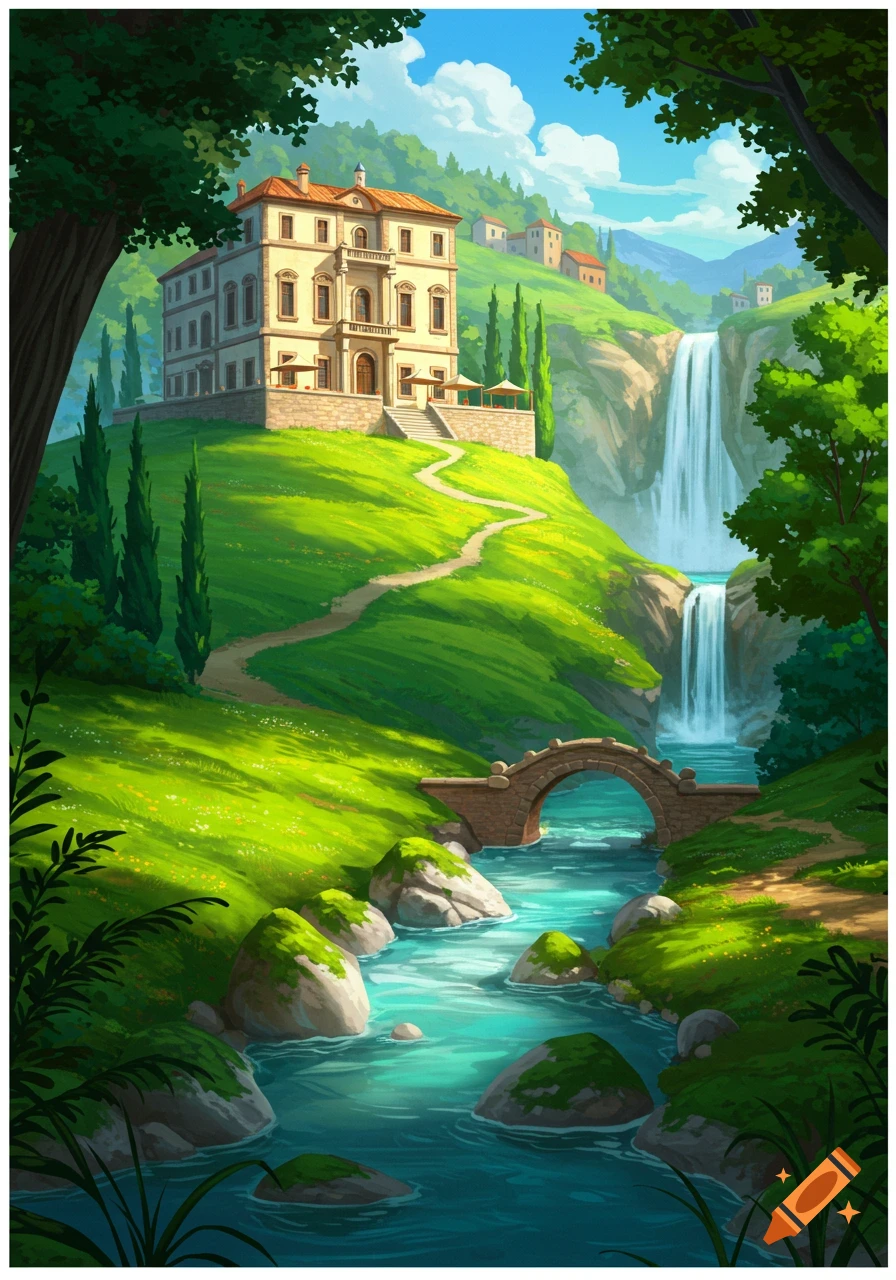 A beautiful villa sits atop a grassy hill overlooking a river with a stone bridge and a tall waterfall, surrounded by lush green trees and hills under a bright blue sky.