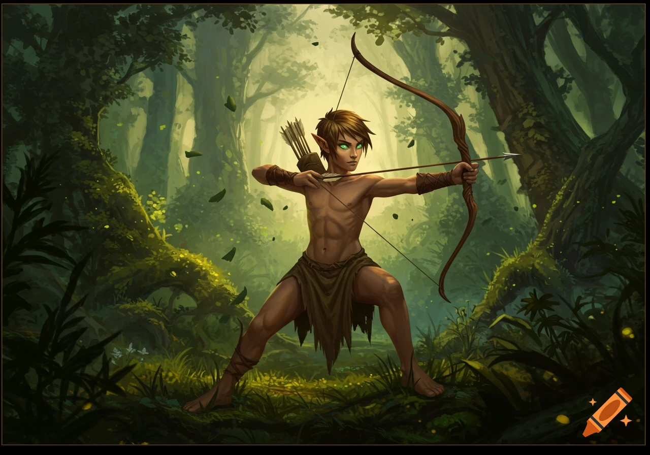 A young elven archer boy in a loincloth stands in a forest, drawing a bow with a green arrow. Fantasy art style.