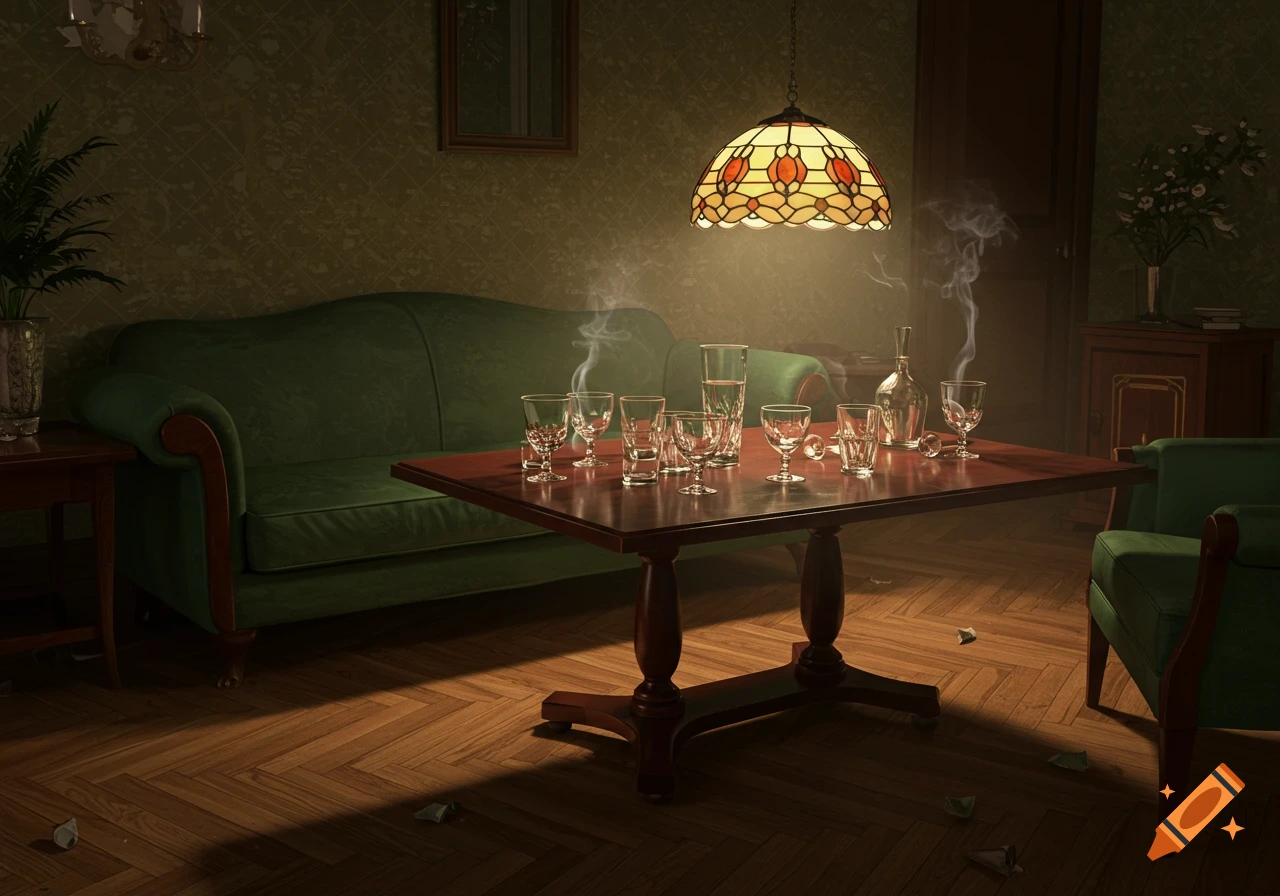A dimly lit, vintage 1920s room with a green sofa, wooden table, and a Tiffany-style lamp illuminating empty glasses and a bottle.