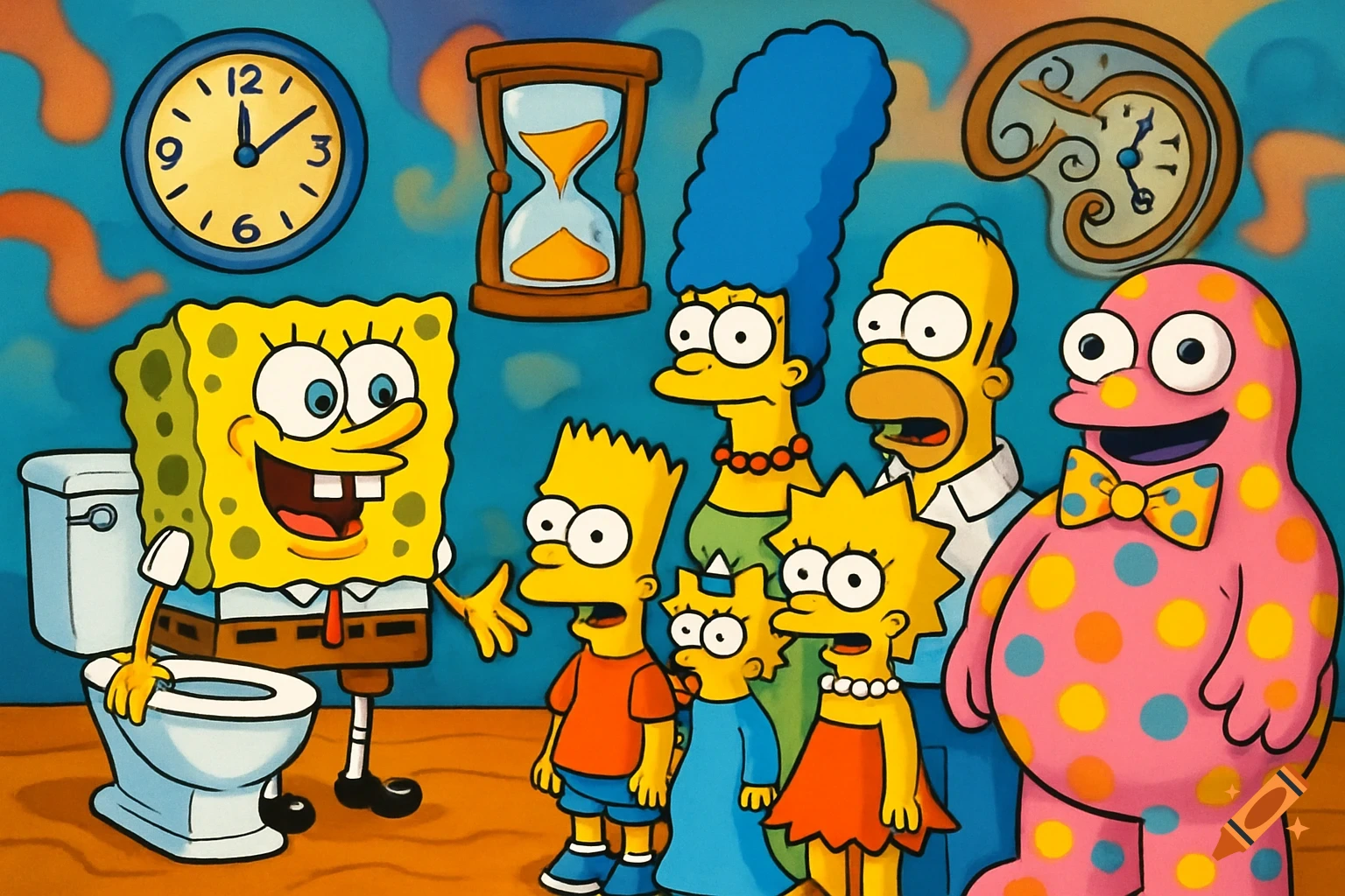 Cartoon crossover with Spongebob next to a toilet, The Simpsons family, and Mr. Blobby, with clocks and an hourglass in the background.