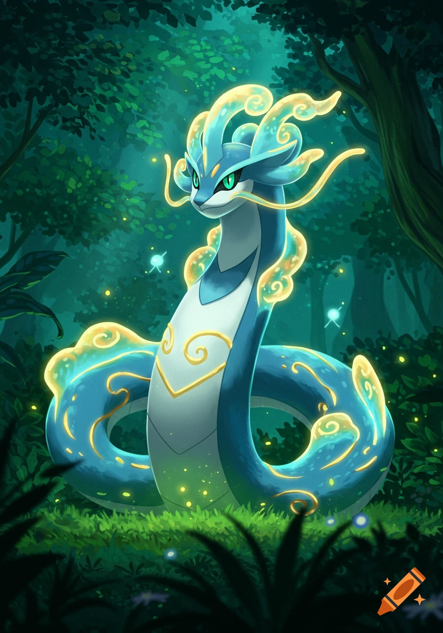 A majestic blue and white serpent-like creature with glowing golden ethereal patterns and green eyes stands in a dark, magical forest.