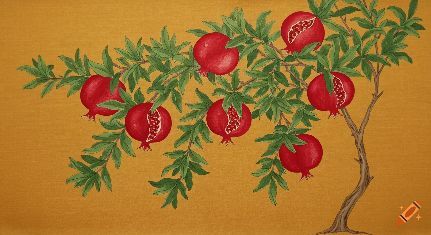 A painted illustration of a pomegranate tree branch with ripe pomegranates on a yellow background.