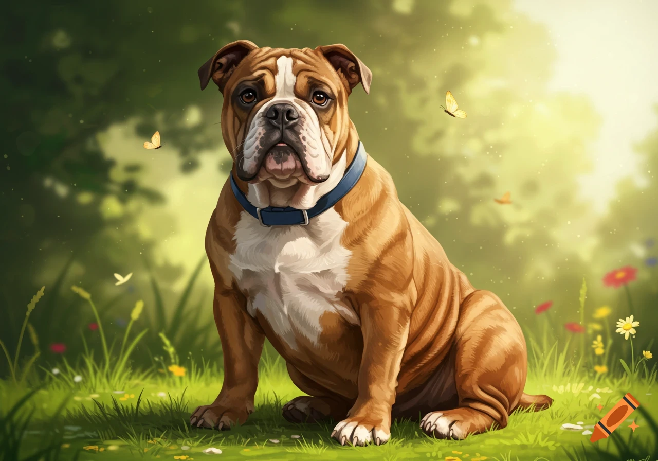 A stylized illustration of a brown and white bulldog puppy sitting in a grassy, sunlit forest with butterflies.