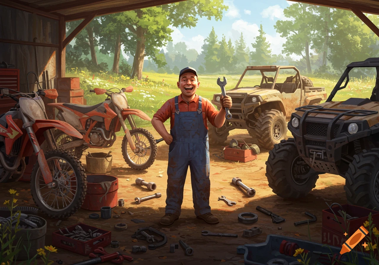 A happy mechanic stands in a workshop filled with dirt bikes, ATVs, and tools, set against a sunny rural backdrop.