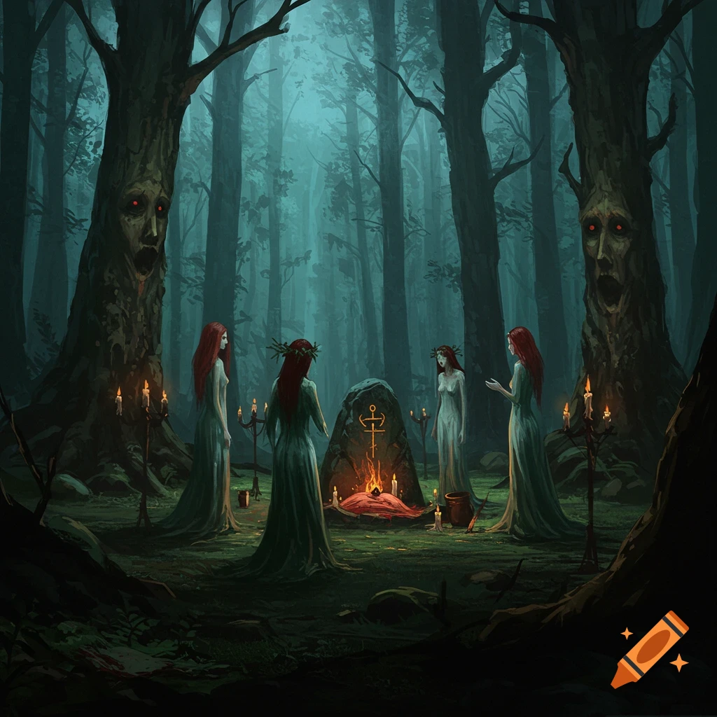 A dark fantasy painting depicts four women in robes performing a ritual around a glowing altar in a spooky forest with trees that have eerie faces.
