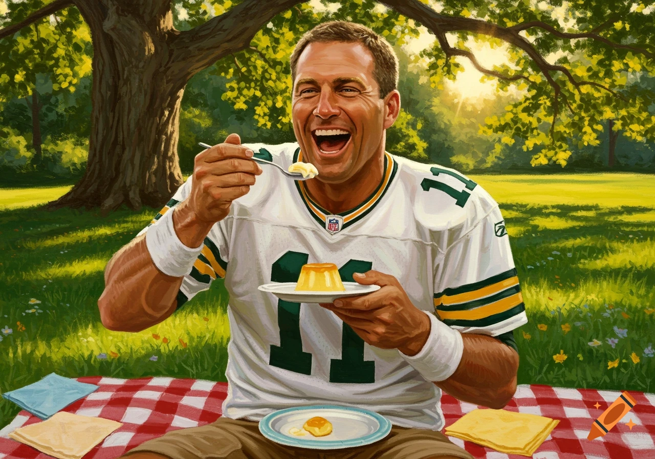 A smiling man in a white and green football jersey eats pudding from a plate while sitting on a red and white checkered picnic blanket in a sunny park.