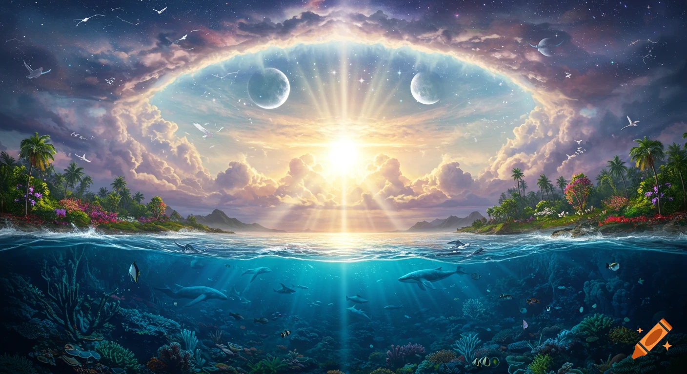 A vibrant, surreal fantasy landscape with a celestial sky and glowing sun over lush islands, meeting an ocean teeming with marine life.