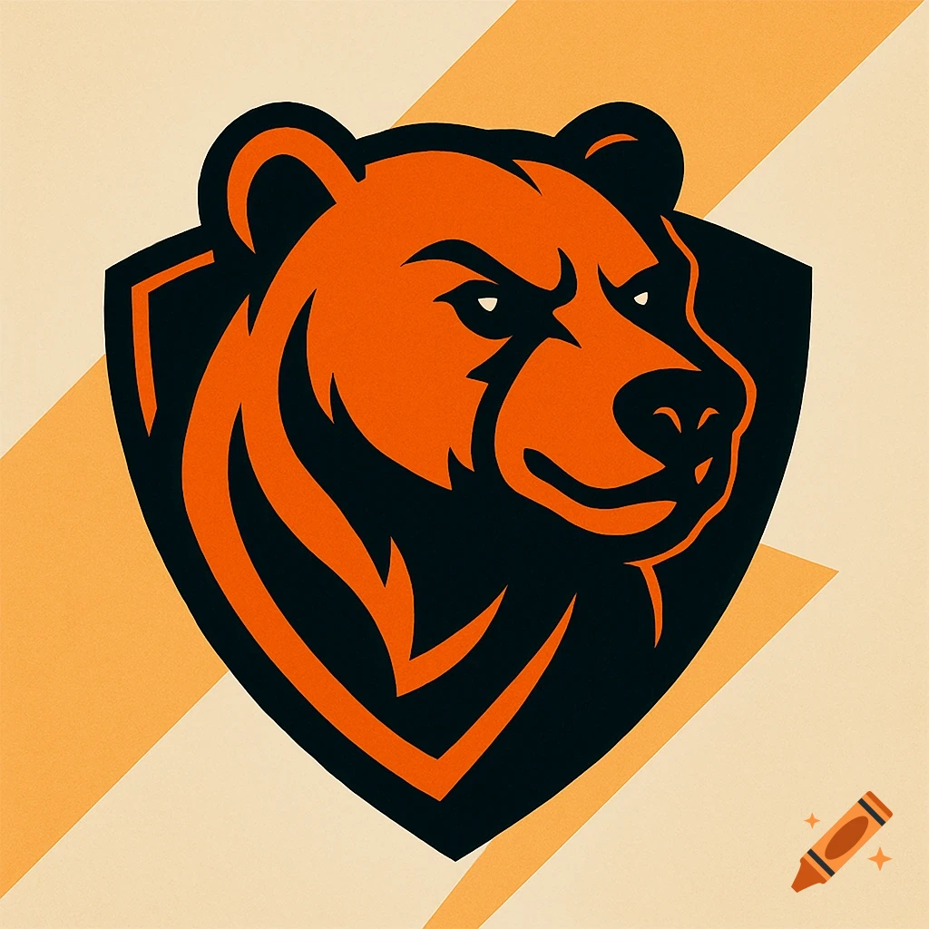 Stylized orange and black bear head logo within a shield, on a cream background.