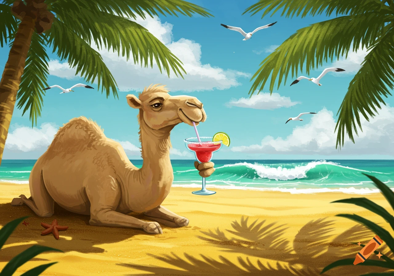 A cartoon camel sips a red cocktail with a straw on a sunny sandy beach with palm trees and seagulls flying overhead.