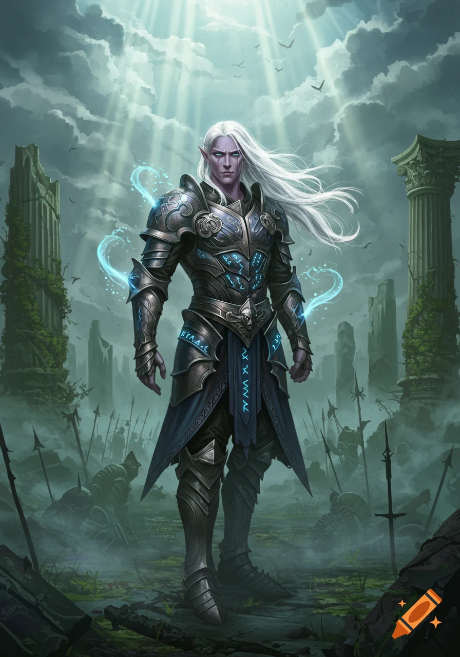 A fantasy warrior with long white hair, dark skin, and glowing blue eyes stands in ornate dark armor amidst ancient ruins under sunlit clouds.