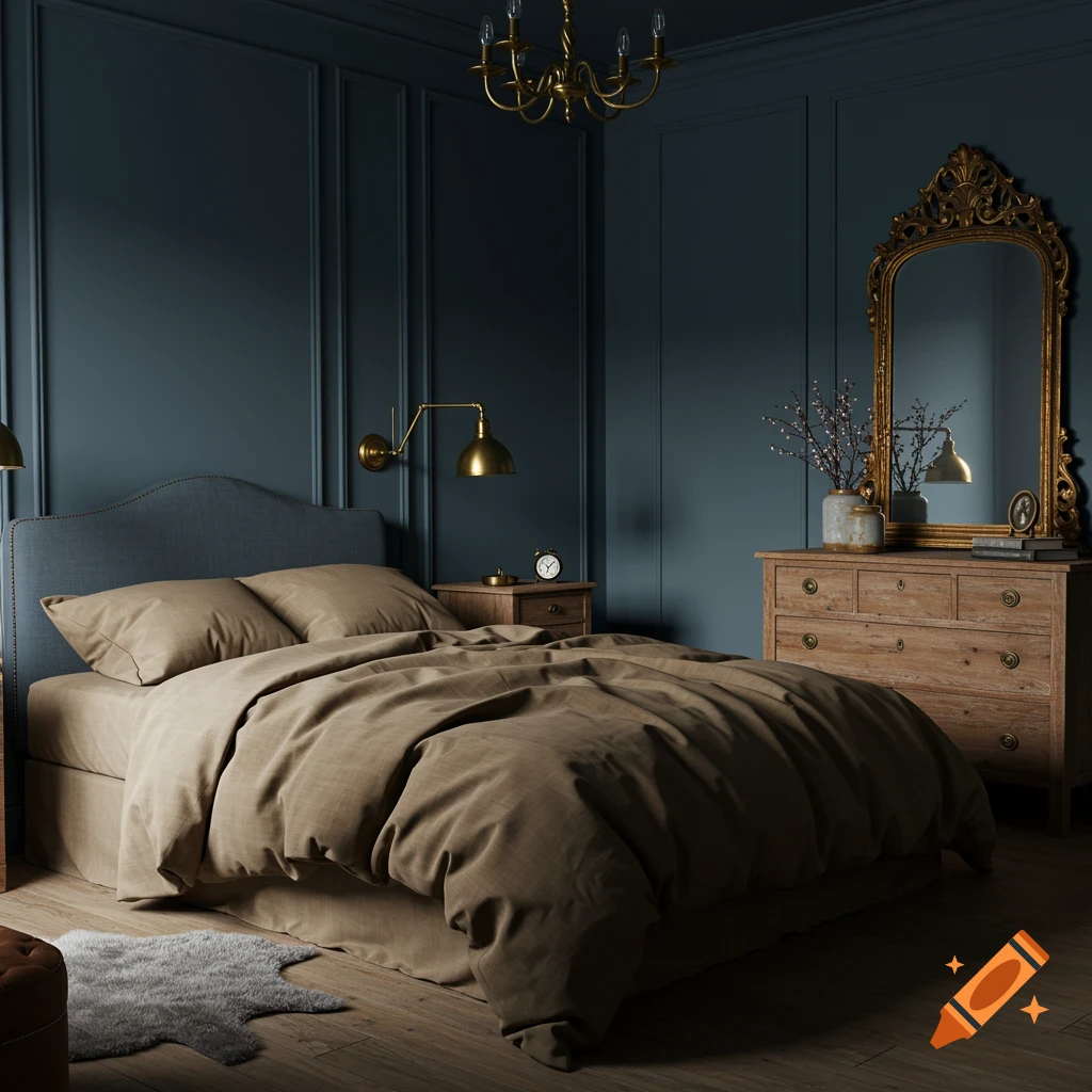 Photorealistic bedroom with dark blue walls, beige and brown bedding, brass lamps, and an antique gold mirror.