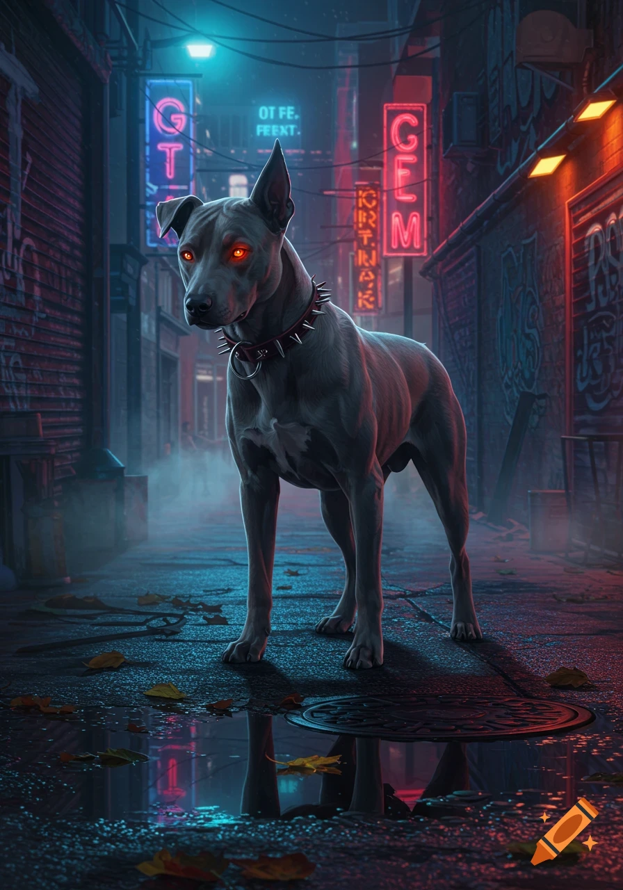 A grey dog with glowing red eyes and a spiked collar stands in a dark, wet cyberpunk alley with neon signs.