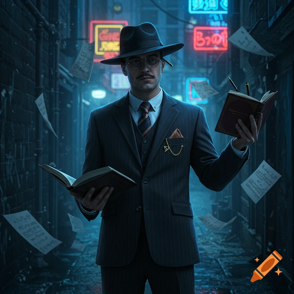 A man in a pinstripe suit and fedora holds two books in a dark, rainy alley illuminated by blurry neon signs and falling papers.