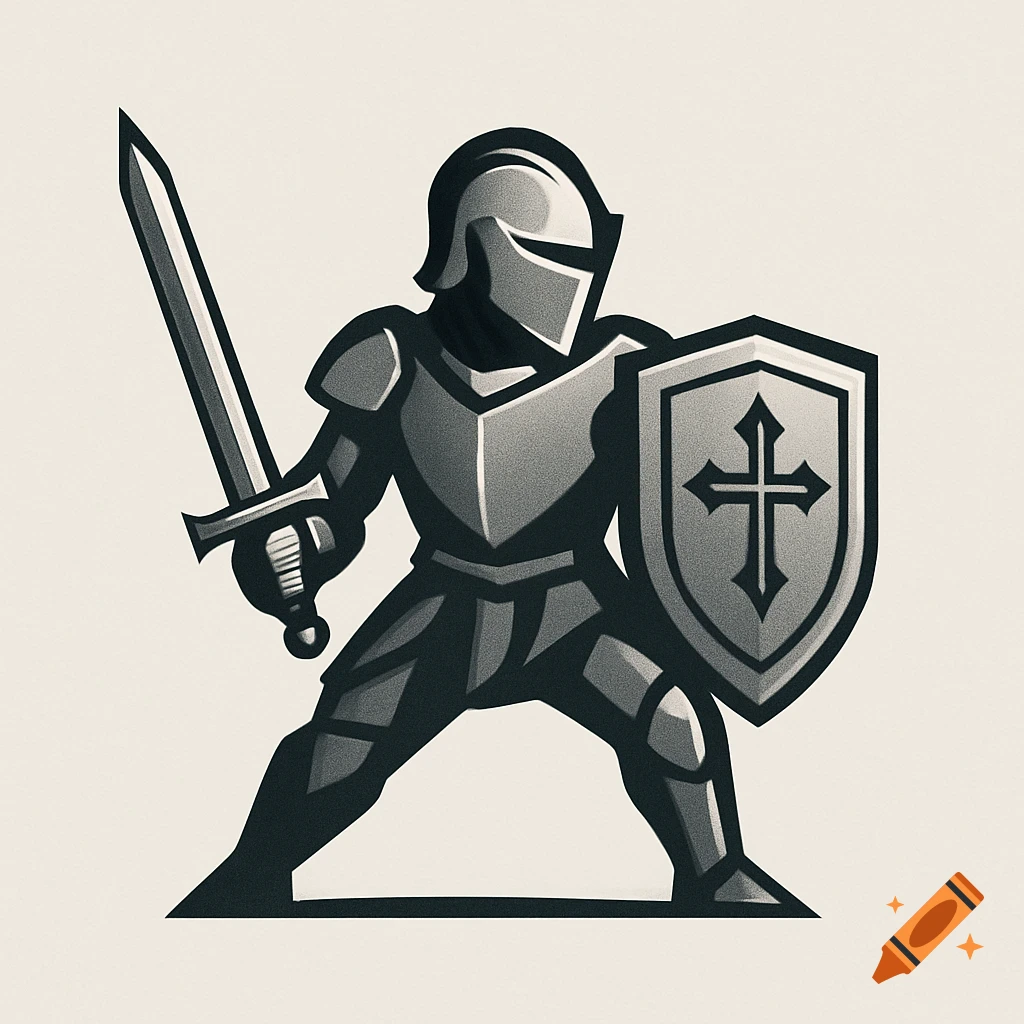 A simple, stylized monochrome knight logo holding a sword and shield, posed for battle.