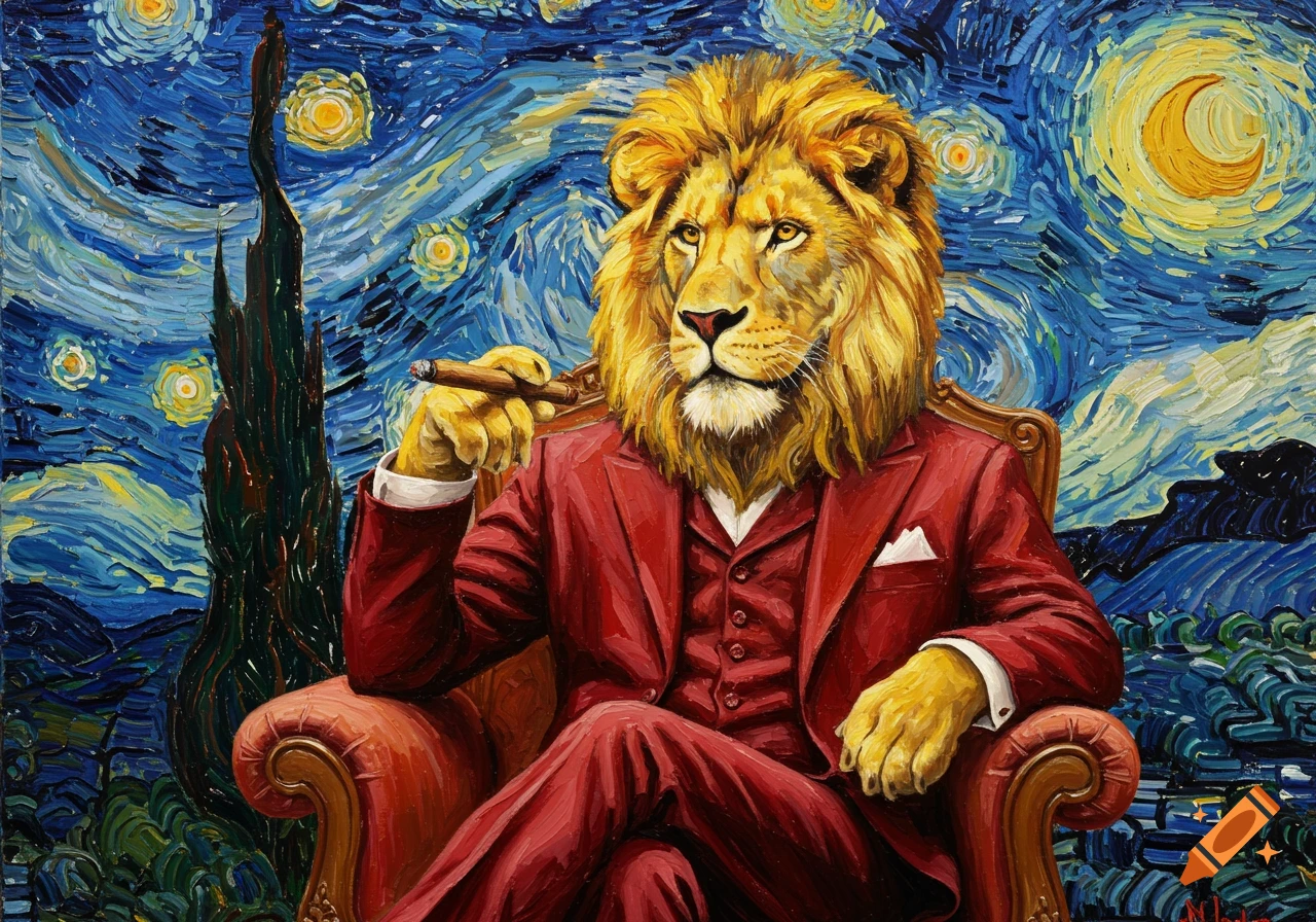 A modern oil painting of an anthropomorphic lion in a red suit smoking a cigar, set against a Van Gogh Starry Night background.