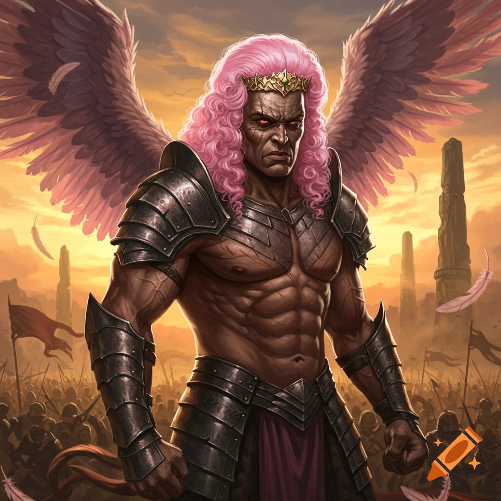 A muscular, winged warrior with pink curly hair, a golden crown, and dark armor stands before an army in a fantasy landscape.