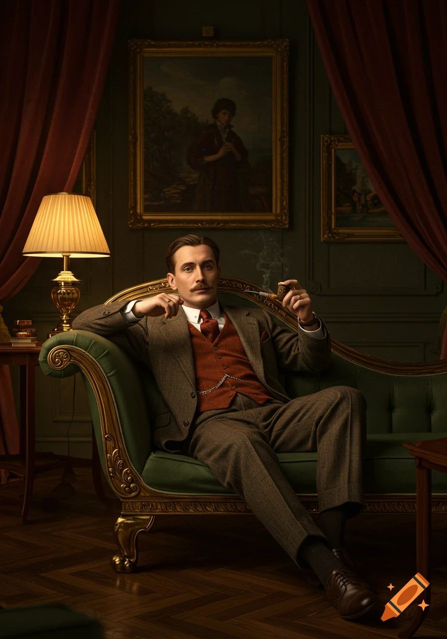 A man in a 1920s suit reclines on a green couch, smoking a pipe in a dimly lit room with paintings on the wall.